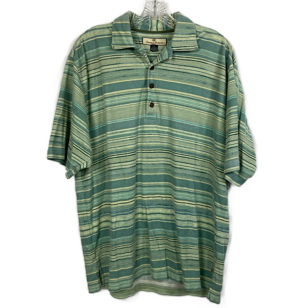 Tommy Bahama Polo Shirt Mens Sz M Silk Cotton‎ Green Striped Short Sleeve